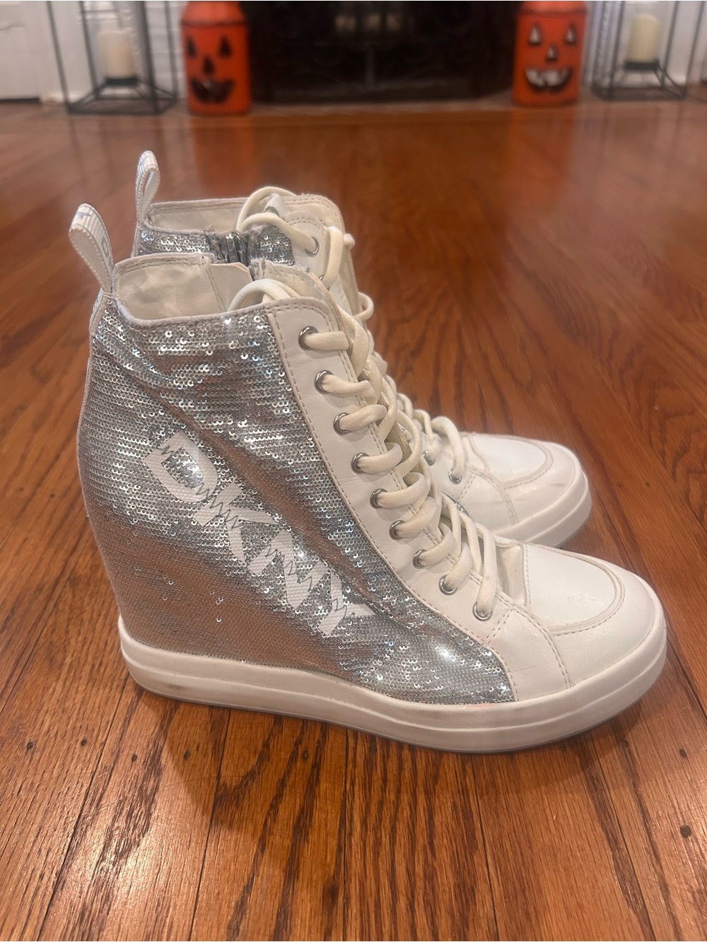 DKNY Sophe Wedge Sequined High Top Sneakers